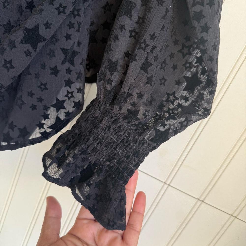 Ann Taylor LOFT Size L Sheer Black Star Ruffle Tie Neck Blouse - Picture 4 of 7
